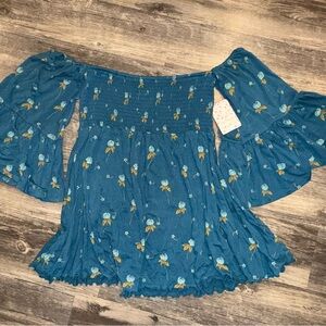 NWT Free People Floral Blue Off-Shoulder Women's Top